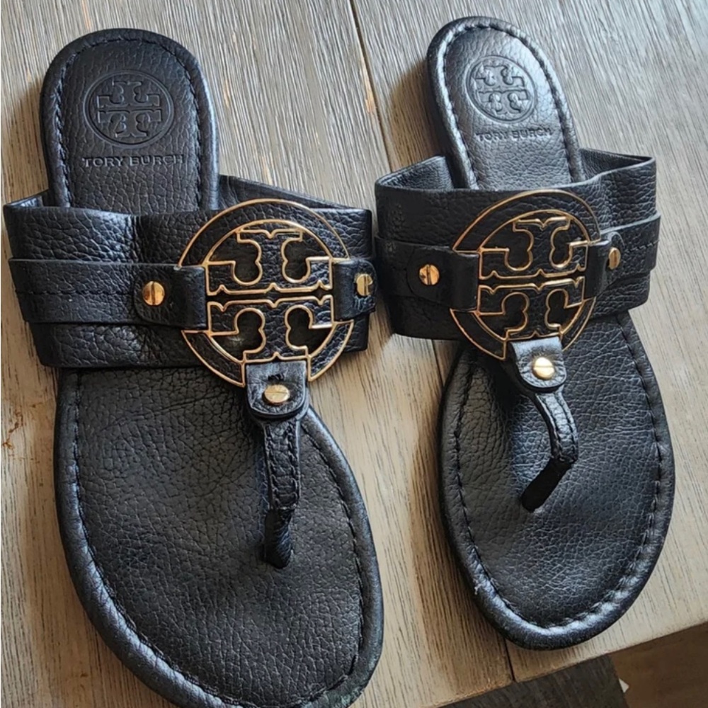 Tory Burch Black and Gold Leather Flip-Flops